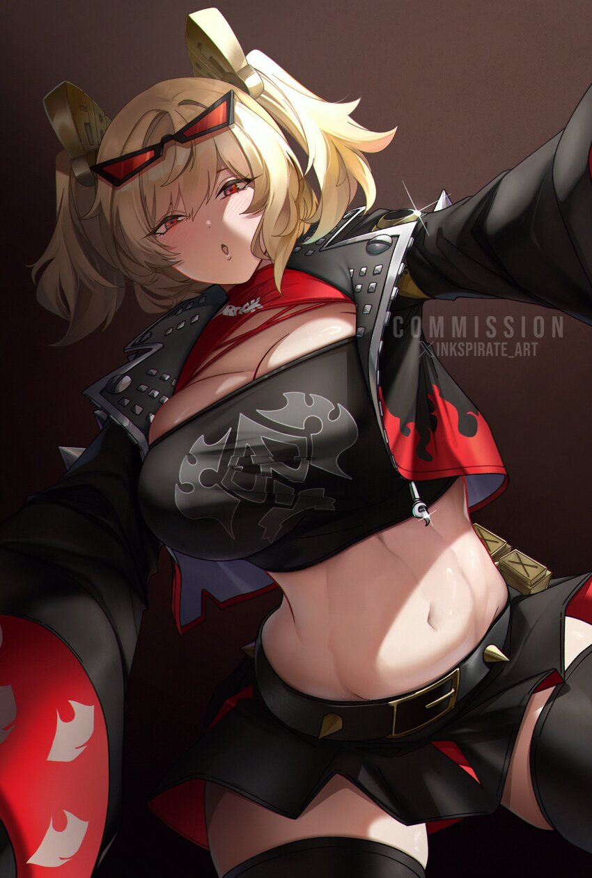 1girl :o absurdres artist_name black_jacket black_thighhighs black_tube_top blonde_hair blush breasts brown_background burnice_white cleavage commentary commission crop_top cropped_jacket english_commentary eyewear_on_head foreshortening gradient_background half-closed_eyes highres inkspirate jacket large_breasts looking_at_viewer navel outstretched_arm parted_lips red-tinted_eyewear red_eyes simple_background skindentation solo strapless thighhighs thighs tinted_eyewear tube_top twintails twitter_username twitter_x_logo watermark zenless_zone_zero