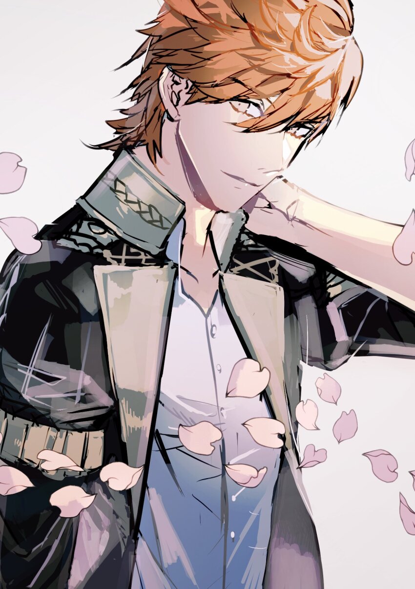 1boy arm_up black_jacket collared_shirt dress_shirt falling_petals fire_emblem fire_emblem:_three_houses garreg_mach_monastery_uniform hand_on_own_neck highres jacket lapels looking_to_the_side male_focus nintendo open_clothes open_collar open_jacket orange_hair petals school_uniform shirt sideways_glance simple_background solo sylvain_jose_gautier tsukimura_noe upper_body white_background white_shirt