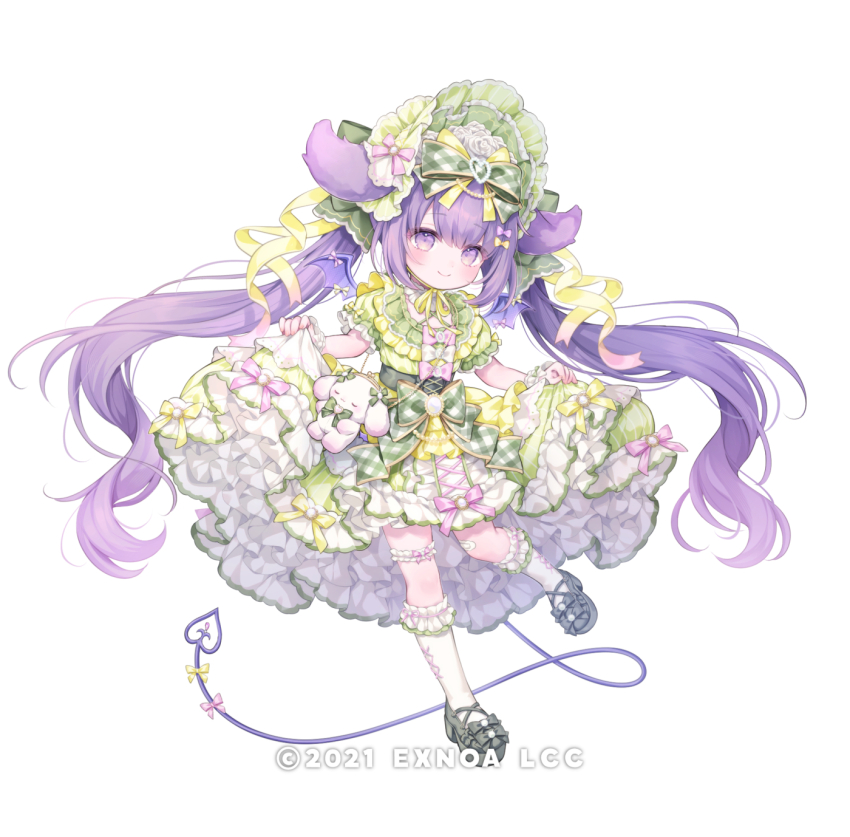 1girl angelic_link animal_ears bandaid bandaid_on_leg blush bonnet character_request closed_mouth dress frilled_dress frilled_socks frills full_body green_dress green_hat grey_shoes hat highres komachi_pochi long_hair looking_at_viewer official_art puffy_short_sleeves puffy_sleeves purple_eyes purple_hair rabbit_ears shoes short_sleeves simple_background skirt_hold smile socks solo standing standing_on_one_leg tail twintails very_long_hair white_background white_socks wrist_cuffs