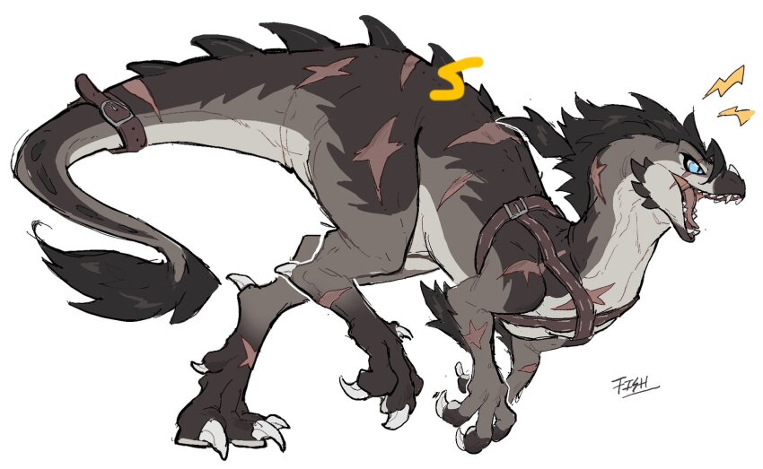 animal_focus artist_name belt blue_eyes chest_harness claws fish7163 from_side full_body harness highres no_humans open_mouth original profile raptor scar scar_across_eye scar_on_face sharp_teeth signature simple_background slit_pupils solo tail_belt teeth white_background