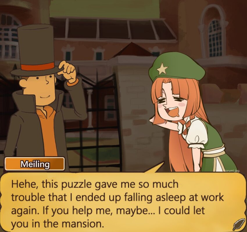 1boy 1girl arm_behind_head beret black_hat black_jacket blazer brown_hair carumikoto closed_eyes closed_mouth commentary crossover english_text green_hat hat hat_ornament hershel_layton hong_meiling jacket leaning_forward long_hair orange_hair professor_layton short_sleeves smile speech_bubble star_(symbol) star_hat_ornament symbol-only_commentary top_hat touhou