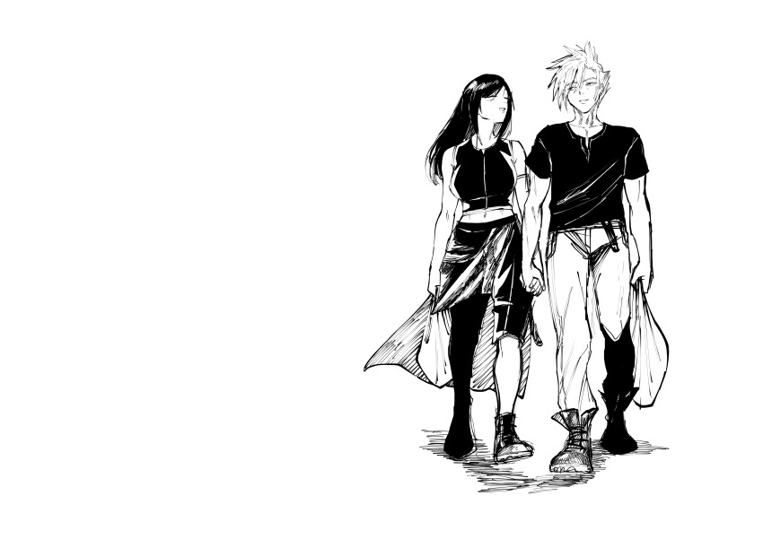 1boy 1girl aarokira absurdres closed_eyes cloud_strife couple english_text final_fantasy final_fantasy_vii full_body greyscale hetero highres holding_hands looking_at_another monochrome sideways_glance tifa_lockhart walking white_background
