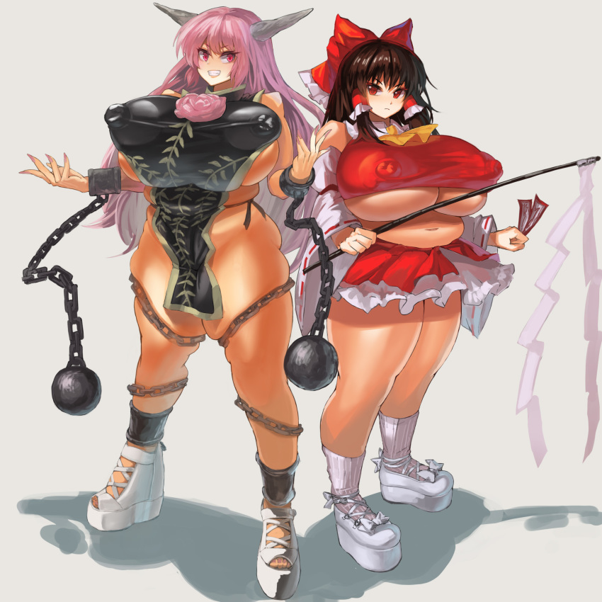 2girls ascot ball_and_chain_restraint bare_shoulders black_hair breasts covered_erect_nipples detached_sleeves fingernails flower gohei hair_ribbon hair_tubes hakurei_reimu highres horns huge_breasts ibaraki_kasen long_hair looking_at_viewer masahiro_(toshigoum) multiple_girls nail_polish navel ofuda oni oni_horns pink_eyes pink_hair plump red_eyes ribbon sharp_fingernails skindentation skirt tabard thick_thighs thighs toeless_footwear touhou underboob