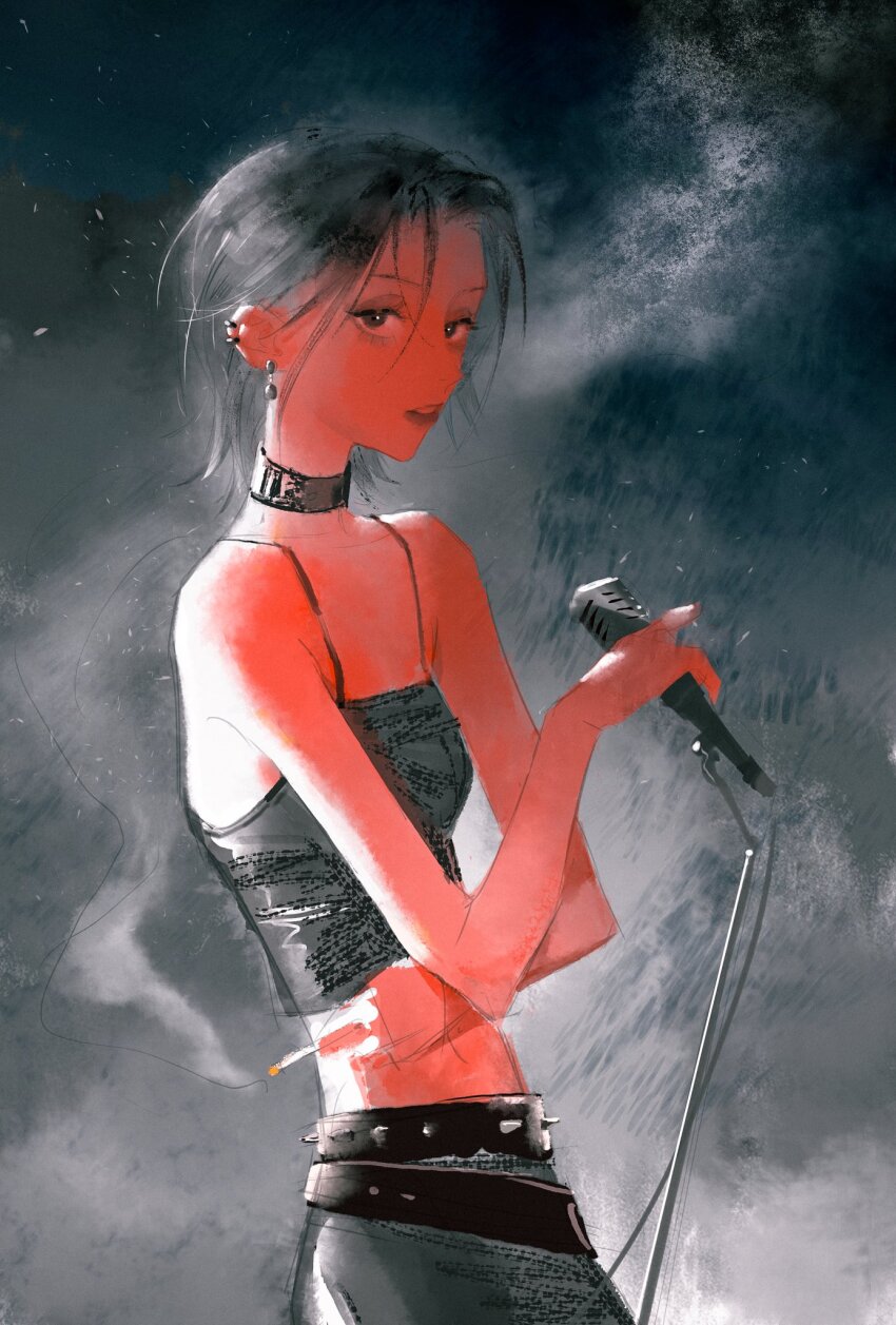 1girl bare_arms bare_shoulders belt black_belt black_bow black_choker black_eyes black_hair black_pants black_tank_top bow breasts choker cigarette colored_skin cowboy_shot ear_piercing earrings eyelashes eyeshadow floating_earring grey_eyeshadow highres holding holding_cigarette holding_microphone jewelry lipstick makeup microphone microphone_stand midriff nana_(series) osaki_nana pants parted_lips piercing punk red_lips red_skin short_hair simple_background small_breasts smoke solo spaghetti_strap spiked_belt tank_top tattaco teeth