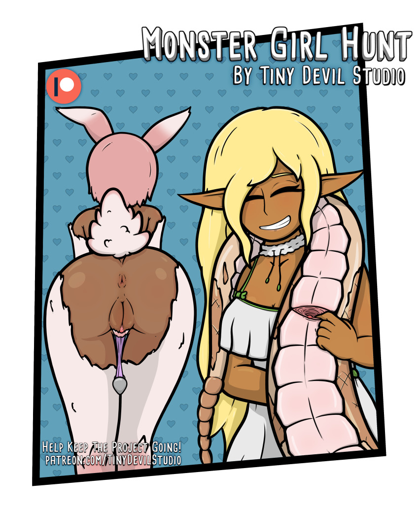 2girls absurdres accidental_exposure blonde_hair butt_plug cleft_of_venus clitoris cloaca colored_pubic_hair dress fur game highres lamia monster_girl multiple_girls patreon pink_hair pink_pubic_hair pussy rabbit rabbit_ears rabbit_tail rattlesnake sex_toy spread_pussy wardrobe_malfunction