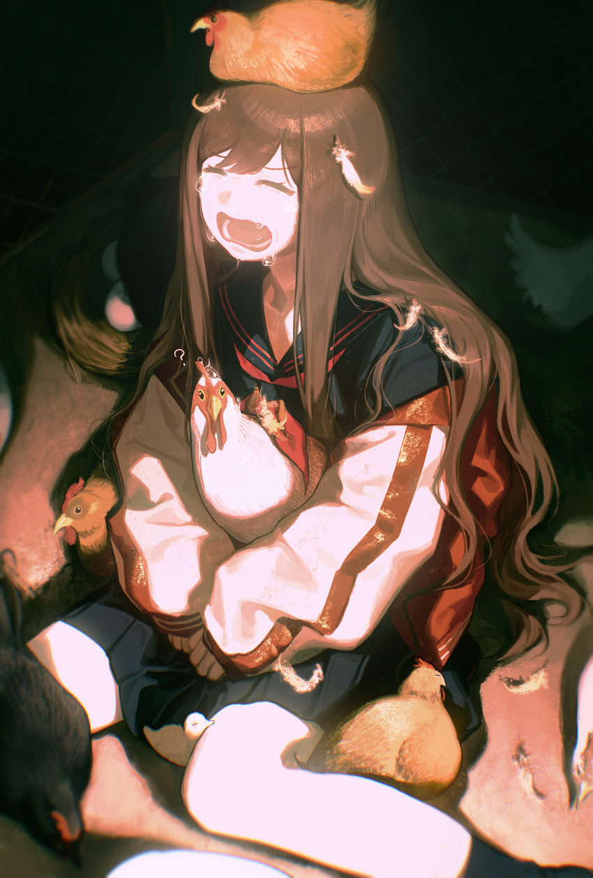 1girl animal beak bird black_sailor_collar black_serafuku black_socks blue_skirt brown_hair chicken crying gootai highres holding holding_animal jacket long_hair majisuka_gakuen open_mouth pleated_skirt sailor_collar school_uniform serafuku skirt socks solo tears teeth torigoya_(majisuka_gakuen)
