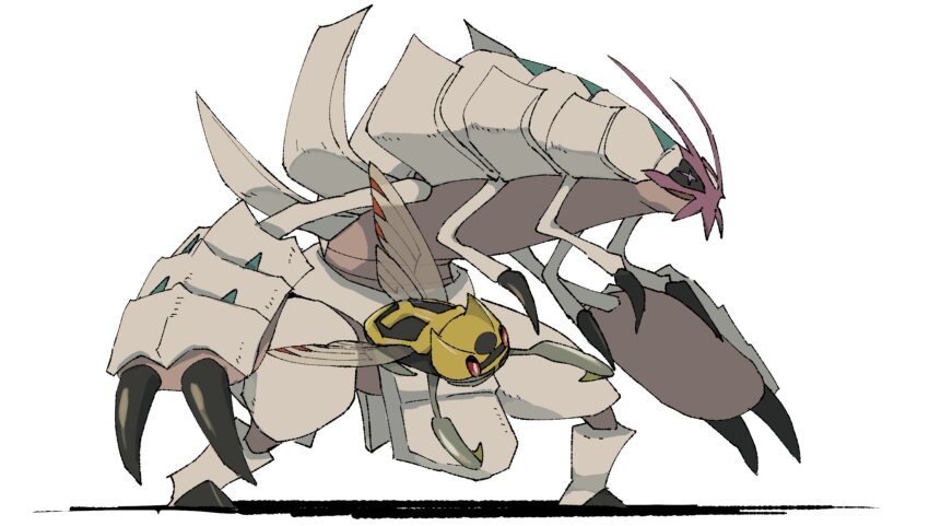 animal_focus bug claws full_body gen_3_pokemon gen_7_pokemon golisopod highres insect_wings mashita._(mentaiko_omoti) ninjask nintendo no_humans pincers pokemon pokemon_(creature) pokemon_focus red_eyes simple_background white_background wings