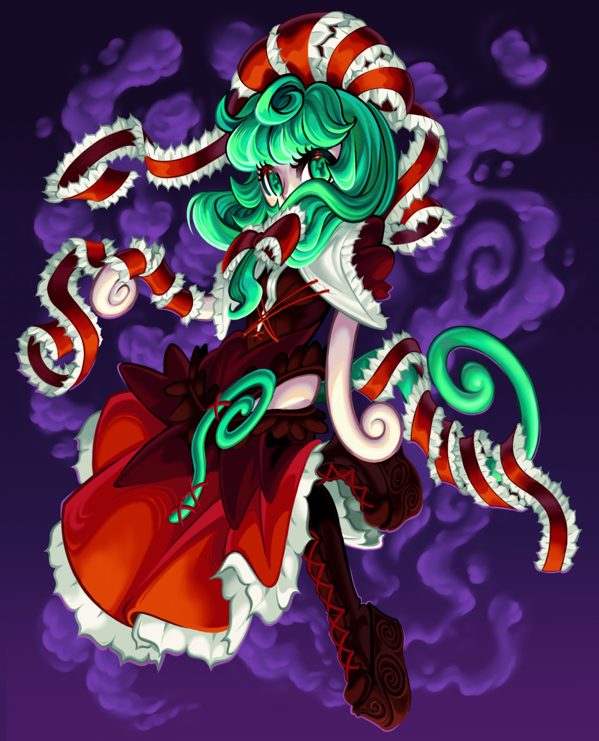 1girl boots bow cbts004 dress frilled_dress frilled_ribbon frilled_sleeves frills front_ponytail green_eyes green_hair green_tail hair_bow hair_ribbon highres kagiyama_hina lace-up_boots long_dress medium_hair puffy_short_sleeves puffy_sleeves red_boots red_bow red_dress red_ribbon ribbon short_sleeves solo swirl tail touhou wrist_cuffs wrist_ribbon