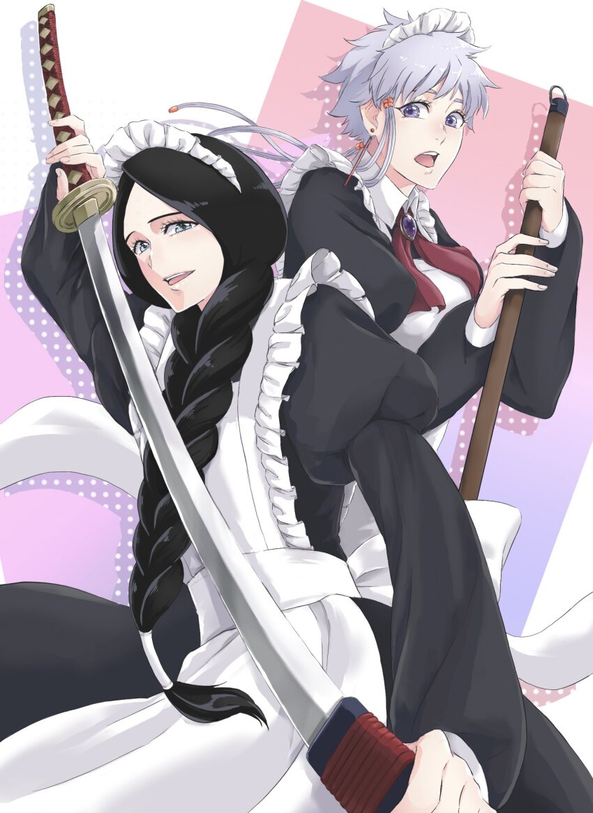 2girls alternate_costume anno_im apron black_dress black_hair bleach blue_eyes braid braided_ponytail broom chest_jewel cowboy_shot dress earrings frilled_apron frills front_braid highres holding holding_broom holding_weapon jewelry katana kotetsu_isane light_smile looking_at_viewer maid maid_apron maid_headdress mature_female multiple_girls neck_ribbon open_mouth parted_bangs polka_dot polka_dot_background puffy_sleeves purple_eyes red_ribbon ribbon sheath short_hair sword two-tone_background unohana_retsu unsheathing weapon white_apron zanpakutou