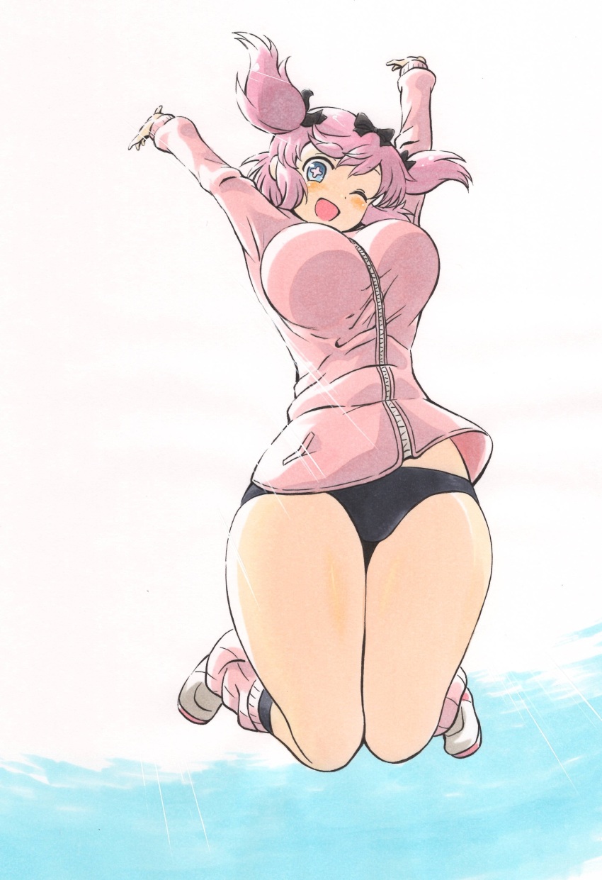 +_+ :d absurdres ajikeneko arms_up black_buruma blush bow breasts buruma commentary english_commentary flower-shaped_pupils hair_bow hibari_(senran_kagura) highres jacket jumping large_breasts leg_warmers midair one_eye_closed open_mouth pink_hair pink_pupils senran_kagura short_twintails smile sun symbol-shaped_pupils track_jacket traditional_media twintails