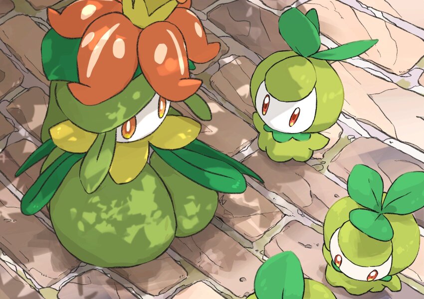 aomon_(yuuji7604) brick_floor colored_skin crown evolutionary_line gen_5_pokemon highres lilligant looking_at_another monster_girl nintendo no_mouth orange_eyes petilil plant_girl pokemon pokemon_(creature) pokemon_focus white_skin