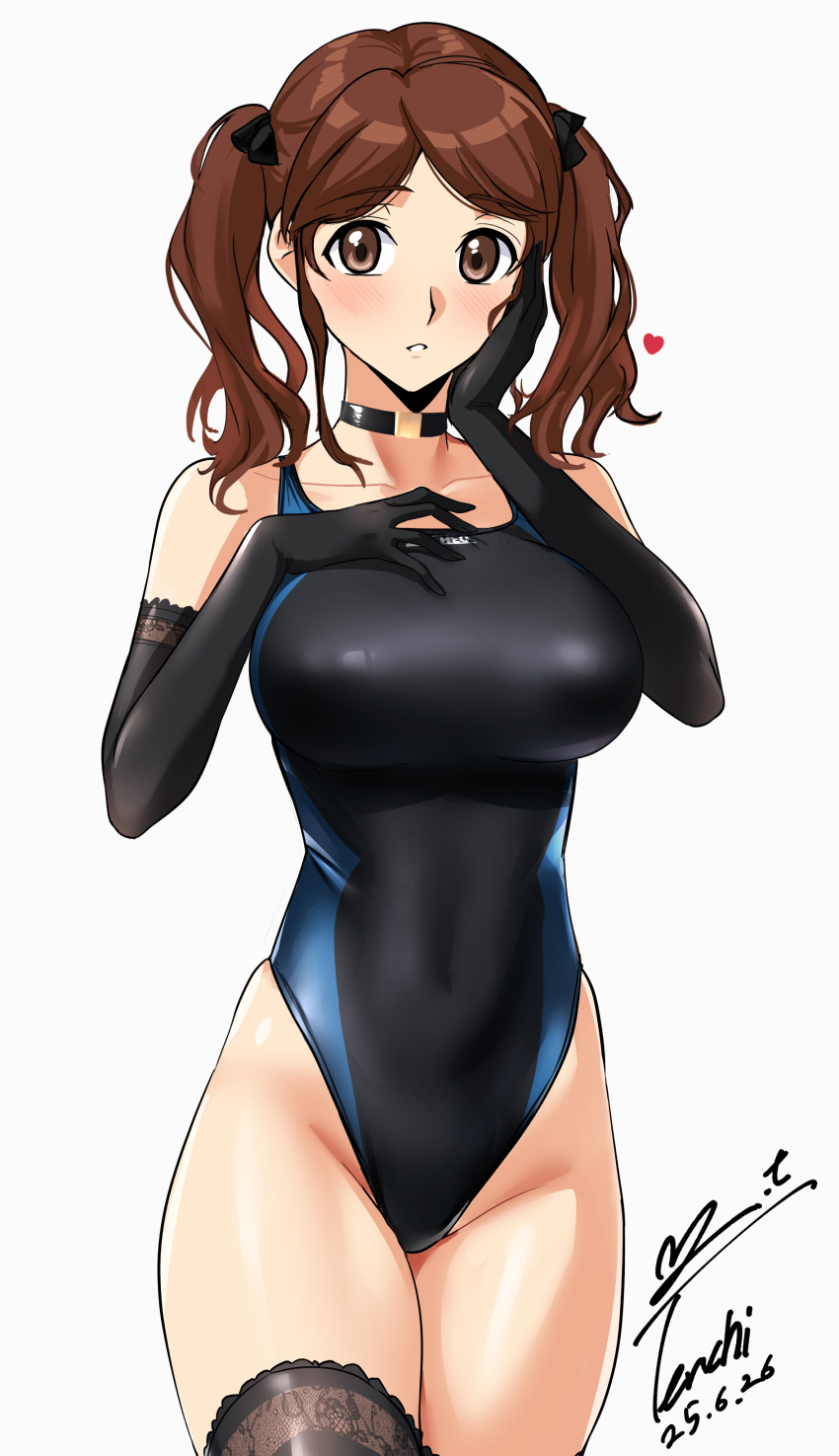 1girl absurdres amagami bikini black_choker black_gloves black_one-piece_swimsuit black_ribbon black_thighhighs blue_one-piece_swimsuit blush breasts brown_eyes brown_hair choker commentary_request competition_swimsuit cowboy_shot dated elbow_gloves gloves hair_ribbon hand_on_own_cheek hand_on_own_chest hand_on_own_face highleg highleg_bikini highleg_one-piece_swimsuit highres large_breasts looking_at_viewer nakata_sae one-piece_swimsuit parted_lips ribbon signature simple_background solo standing swimsuit thighhighs twintails two-tone_one-piece_swimsuit white_background yoo_tenchi