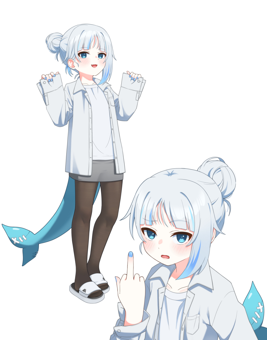 1girl :d absurdres asymmetrical_hair black_thighhighs blue_nails blue_streaks blunt_bangs blush collarbone fang fins fish_tail gawr_gura grey_hair grey_skirt hair_bun highres hololive hololive_english jacket looking_at_viewer middle_finger multicolored_hair nail_polish open_clothes open_jacket open_mouth pencil_skirt sandals shark_girl shark_tail shirt skirt sleeves_past_wrists smile solo streaked_hair tail thighhighs ugaaaa1 unbuttoned_sleeves virtual_youtuber white_background white_jacket white_shirt