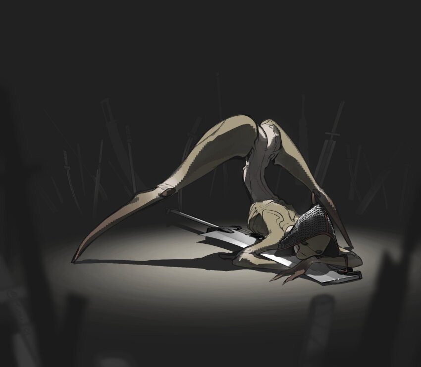 1girl arthropod_girl blurry blurry_foreground clipboard color_banding grey_background highres hiver_(kenshi) holding holding_clipboard hood hood_up jack-o&#039;_challenge juerucj kenshi planted planted_sword planted_weapon ribbon solo sword top-down_bottom-up weapon wide_hips