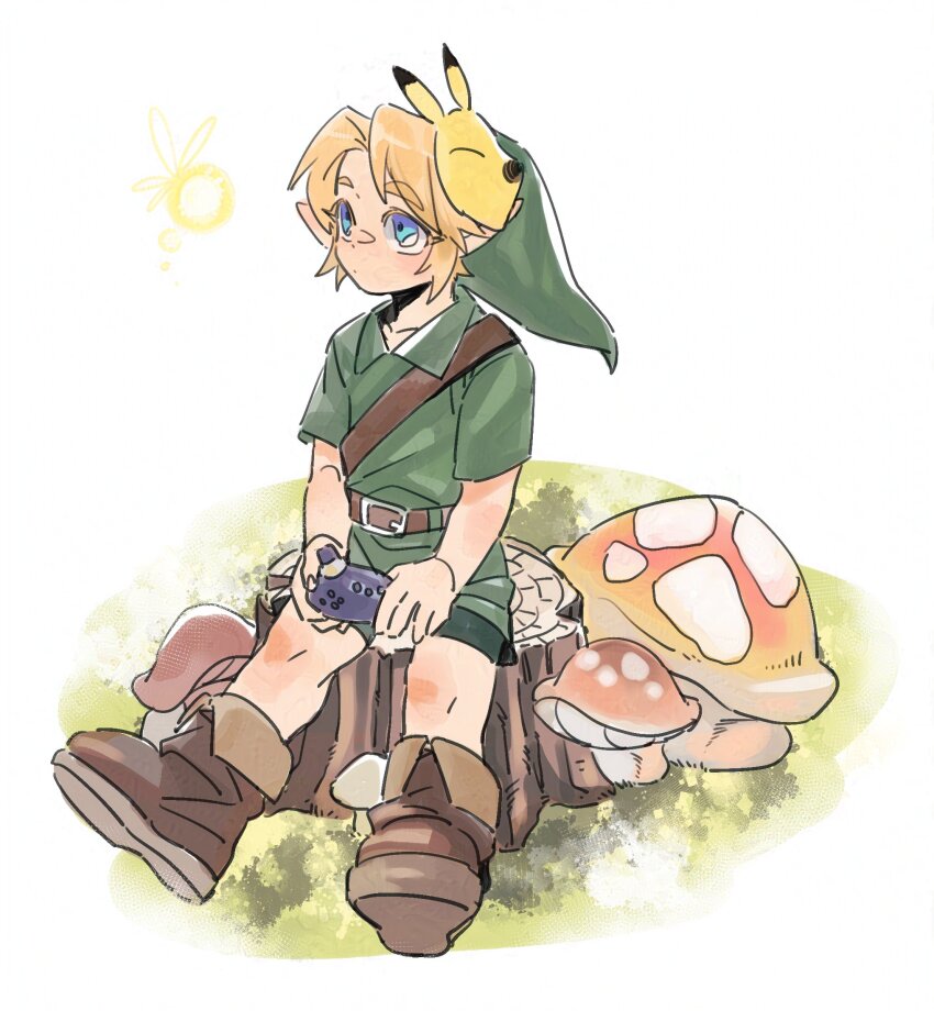 1boy belt blonde_hair blue_eyes boots fairy full_body grass hat highres holding holding_instrument instrument keaton_mask link male_focus mask mask_on_head mushroom nintendo ocarina pointy_ears rani_grb sitting solo tatl the_legend_of_zelda the_legend_of_zelda:_majora&#039;s_mask tree_stump tunic white_background