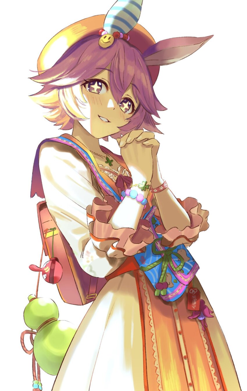 +_+ 1girl animal_ears backpack bag bead_bracelet beads beret bracelet charm_(object) cowboy_shot dress ear_covers ear_ornament flipped_hair four-leaf_clover_necklace frilled_sleeves frills hair_between_eyes hat highres horse_ears horse_girl jewelry looking_at_viewer matikanefukukitaru_(good_omen_first_storm)_(umamusume) matikanefukukitaru_(umamusume) necklace official_alternate_costume orange_hair parted_lips qing_(sankakuosushi) short_hair simple_background single_ear_cover solo umamusume white_background yellow_dress yellow_hat