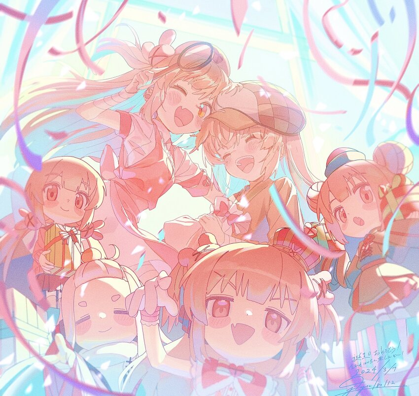 6+girls :o ^_^ apron blush box brown_hair closed_eyes commentary_request confetti crown deerstalker gift gift_box hair_ornament hat heart highres holding holding_magnifying_glass jdge long_hair looking_at_viewer magnifying_glass mini_crown mini_person minigirl multiple_girls multiple_persona natori_sana natori_sana_(detective_agency_head) natori_sana_(jiangshi) natori_sana_(nurse) natori_sana_(sana_channel_king) natori_sana_(school_uniform) nurse_cap official_alternate_costume open_mouth pink_apron puffy_short_sleeves puffy_sleeves rabbit_hair_ornament red_eyes saigou_r_irori sana_channel short_sleeves smile standing two_side_up virtual_youtuber