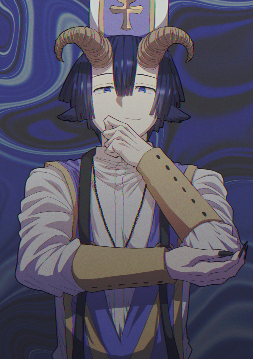 1boy absurdres animal_ears black_hair black_nails blue_eyes demon_cleric hair_between_eyes hat highres horns jewelry male_focus maou-jou_de_oyasumi necklace sasar1211 standing upper_body