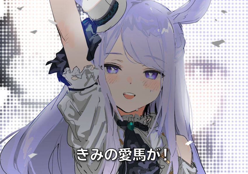 1girl absurdres animal_ears arm_up bad_id bad_twitter_id blush confetti hat highres horse_ears horse_girl idol inactive_account long_hair looking_at_viewer lyrics mejiro_mcqueen_(end_of_sky)_(umamusume) mejiro_mcqueen_(umamusume) mini_hat official_alternate_costume open_mouth outstretched_arm purple_eyes purple_hair smile solo stage suiso_(owp) sweat tilted_headwear translation_request umamusume upper_body