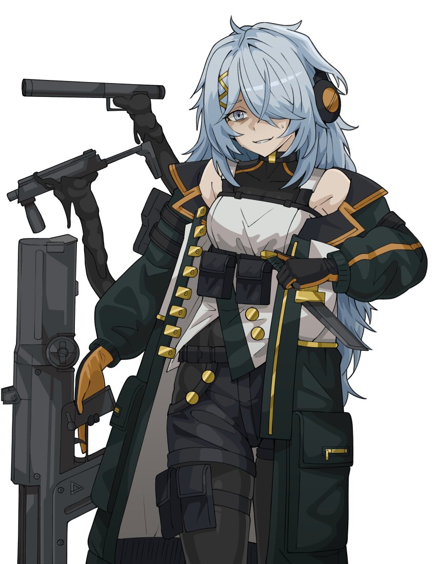 1girl absurdres alternate_costume b&amp;t_mp9 black_gloves black_pants blue_eyes blue_hair bolt_action coat commentary cowboy_shot english_commentary girls&#039;_frontline girls&#039;_frontline_2:_exilium gloves green_coat gun hair_ornament hair_over_one_eye handgun highres holding holding_gun holding_knife holding_weapon knife koshmar_(girls&quot;frontline_2) long_hair looking_at_viewer off_shoulder open_clothes open_coat orange_gloves pants parted_lips simple_background smile solo submachine_gun sweat tentacles textless_version trigger_discipline two-tone_gloves velkavelkavelka weapon welrod white_background