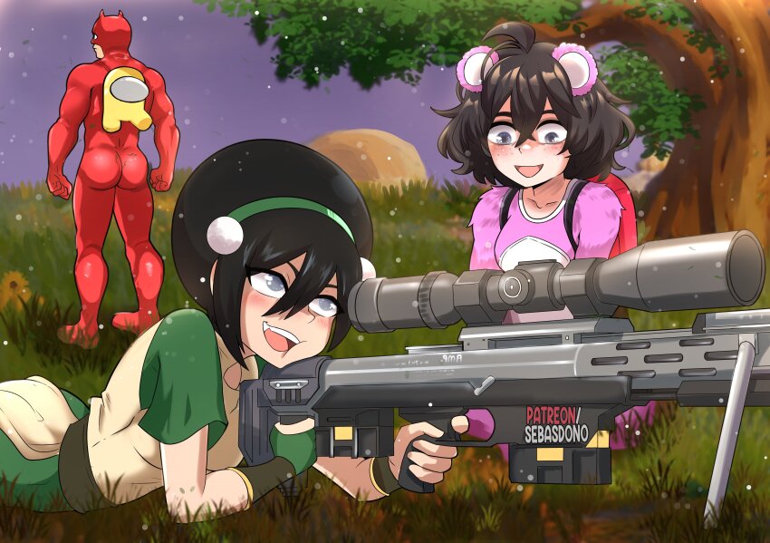 1boy 2girls :d absurdres among_us ass avatar:_the_last_airbender avatar_legends black_hair blind character_request commentary commission crewmate_(among_us) crossover daredevil dress fortnite grass green_dress green_hairband grey_eyes gun hair_between_eyes hairband highres holding holding_gun holding_weapon marvel multiple_girls open_mouth pink_shirt rifle scope sebasdono shirt short_hair short_sleeves smile sniper_rifle sophie_(popopoka) toph_beifong trait_connection tree weapon