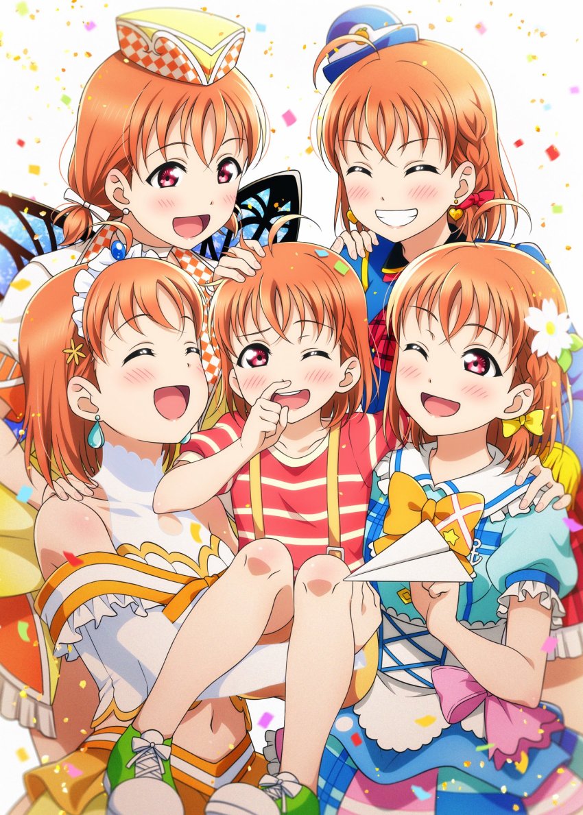 1girl aged_down ahoge birthday braid breasts butterfly_wings child closed_eyes dress finger_to_own_nose flower frilled_sleeves frills grin hair_flower hair_ornament happy happy_party_train highres holding holding_paper_airplane idol insect_wings kimi_no_kokoro_wa_kagayaiteru_kai? koi_ni_naritai_aquarium kougi_hiroshi laughing light_blush love_live! love_live!_sunshine!! mitaiken_horizon multiple_persona orange_hair paper_airplane red_eyes red_ribbon ribbon shirt short_hair short_sleeves side_braid small_breasts smile strapless strapless_dress striped_clothes striped_shirt takami_chika translated wings
