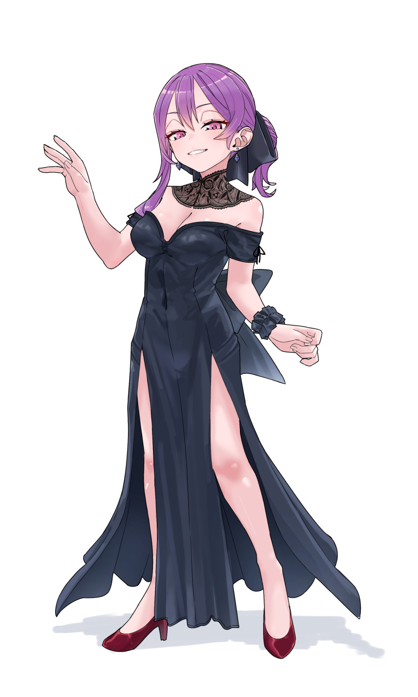 1girl absurdres bare_shoulders black_dress breasts cleavage detached_collar dress earrings fate/grand_order fate_(series) full_body grin hair_between_eyes hair_ribbon high_heels highres jewelry large_breasts looking_at_viewer medium_hair niwaikanai pelvic_curtain ponytail purple_eyes purple_hair ribbon side_slit sidelocks smile solo wu_zetian_(fate) wu_zetian_(swimsuit_caster)_(fate)
