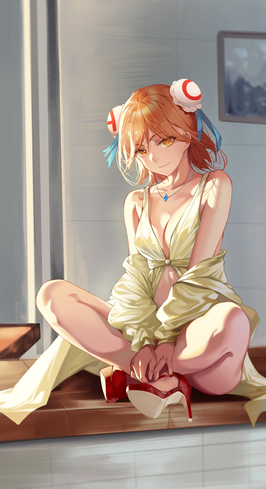 1girl absurdres acfun acfun_girl blue_ribbon breasts bun_cover cleavage double_bun dress full_body hair_between_eyes hair_bun hair_over_one_eye hair_ribbon high_heels highres indian_style indoors jewelry long_sleeves looking_at_viewer medium_breasts necklace off_shoulder orange_eyes orange_hair painting_(object) qian_pu_liu_shang red_footwear ribbon sitting solo thighs yellow_dress