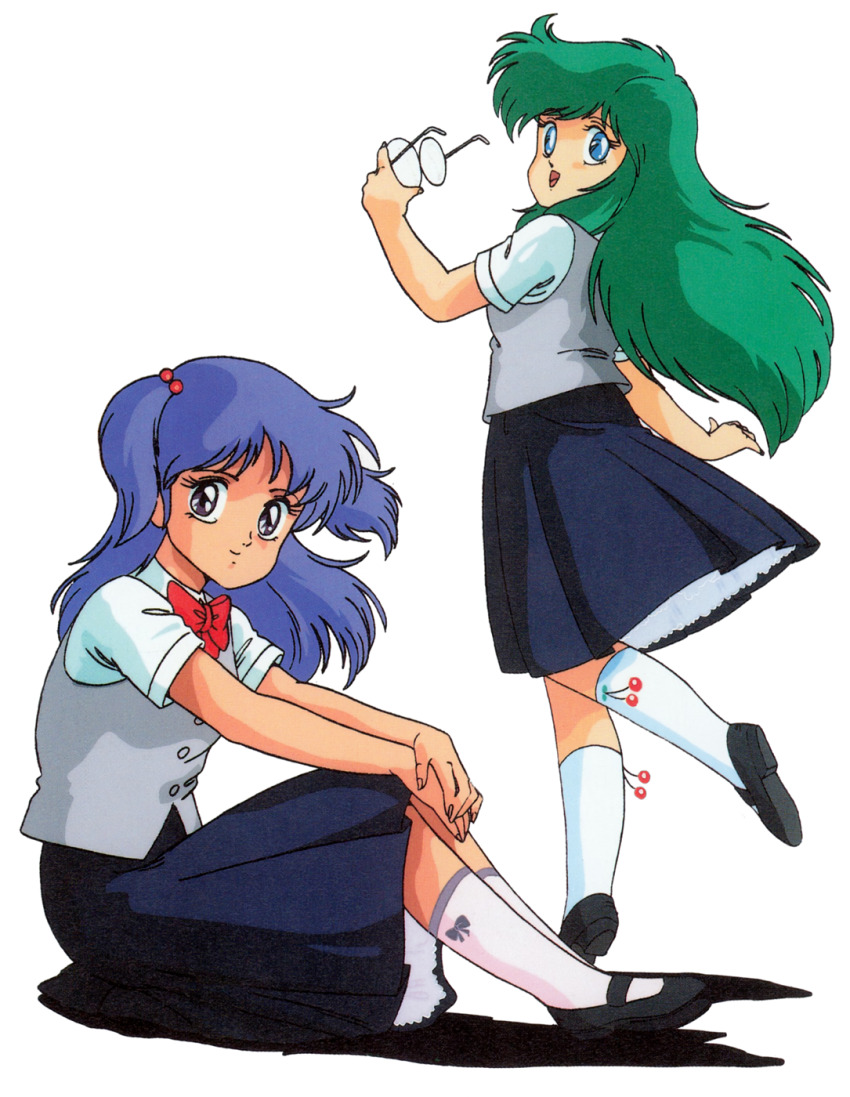 1980s_(style) 2girls ayanokouji_rem black_shoes black_skirt blue_eyes blue_hair cherry_print dream_hunter_rem food_print fruit_print green_hair grey_vest hair_bobbles hair_ornament hands_on_own_knees highres holding holding_removed_eyewear long_hair long_skirt looking_at_viewer mary_janes mouri_kazuaki multiple_girls non-web_source official_art oldschool open_mouth own_hands_together purple_eyes retro_artstyle rimless_eyewear round_eyewear scan school_uniform shoes short_sleeves simple_background sitting skirt smile standing unworn_eyewear vest white_background