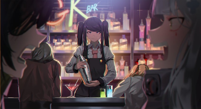 5girls ahoge alternate_costume apron bad_id bad_twitter_id bar_(place) bartender blunt_bangs breasts closed_mouth cocktail cocktail_glass collared_shirt cup drinking_glass eyepatch facial_mark girls&#039;_frontline glass glint green_eyes grey_hair griffin_&amp;_kryuger_military_uniform hair_between_eyes hair_ornament head_on_hand helianthus_(girls&#039;_frontline) highres hk416_(girls&#039;_frontline) holding_shaker ihobus indoors jill_stingray kalina_(girls&#039;_frontline) large_breasts long_hair looking_at_viewer m16a1_(girls&#039;_frontline) martini military military_uniform multiple_girls necktie open_mouth scar scar_across_eye scar_on_face shaker shirt shouting sidelocks sitting sweatdrop teardrop twintails va-11_hall-a very_long_hair