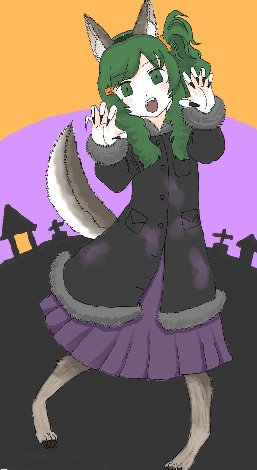 1girl animal_ear_fluff animal_ear_headband animal_ears black_background black_coat black_nails breast_pocket cabin claw_pose coat commentary fake_animal_ears fake_tail fangs fingernails fur_coat green_eyes green_hair hair_ornament highres hill jack-o&#039;-lantern jack-o&#039;-lantern_hair_ornament light_blush long_fingernails medium_hair open_mouth orange_background orange_scrunchie original pleated_skirt pocket ponytail purple_background purple_skirt scrunchie sk76376502 skirt swept_bangs symbol-only_commentary tail tombstone wolf_ears wolf_legs wolf_tail