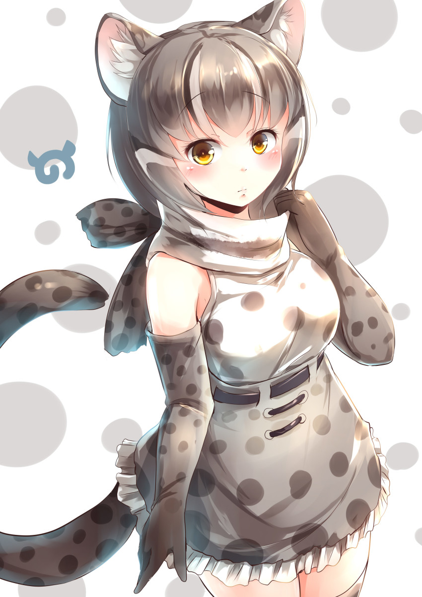 10s 1girl absurdres animal_ears black_hair blush cat_ears cat_tail female_focus gloves grey_hair highres iriomote_cat_(kemono_friends) japari_symbol kanzakietc kemono_friends multicolored_hair scarf simple_background solo tail thighhighs white_background white_hair yellow_eyes