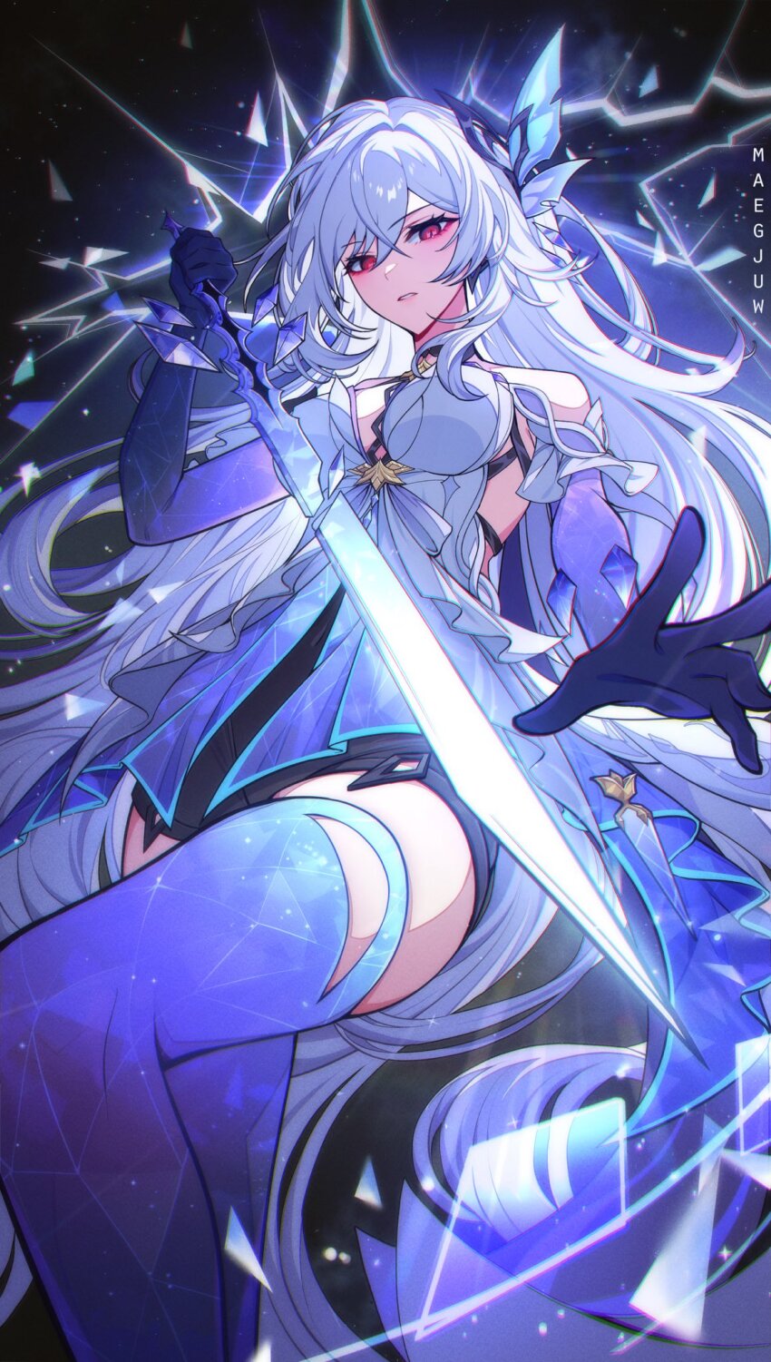 1girl bare_shoulders breasts cowboy_shot crossed_bangs dress genshin_impact glass_shards grey_hair hair_between_eyes highres holding holding_sword holding_weapon long_hair looking_at_viewer maegjuw medium_breasts open_hand prosthesis prosthetic_arm prosthetic_leg red_eyes shards skirk_(genshin_impact) solo sword weapon white_dress