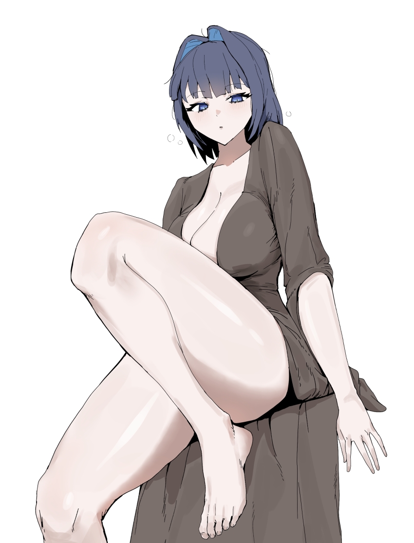 1girl absurdres barefoot blue_eyes blue_hair breasts cleavage feet hair_intakes hashtag-only_commentary highres hololive hololive_english large_breasts ouro_kronii robe simple_background sio4_4 solo thighs toes virtual_youtuber white_background