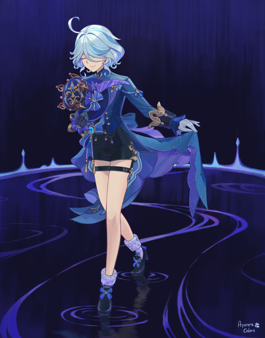 1girl absurdres afureru_colors ankle_socks artist_name asymmetrical_gloves bare_legs black_footwear black_gloves black_shorts black_straps blue_bow blue_gemstone blue_hat blue_jacket blue_ribbon bow closed_eyes closed_mouth commission commissioner_upload cowlick crossed_legs curtsey frilled_socks frills full_body furina_(genshin_impact) gem genshin_impact gloves hair_over_one_eye hat hat_bow high_heels highres holding holding_cloth holding_unworn_clothes holding_unworn_hat jacket long_sleeves mismatched_gloves non-web_source ribbon ribbon_shoes short_hair shorts smile socks solo tailcoat thigh_strap top_hat unworn_hat unworn_headwear vision_(genshin_impact) water_drop watson_cross white_gloves white_hair white_socks