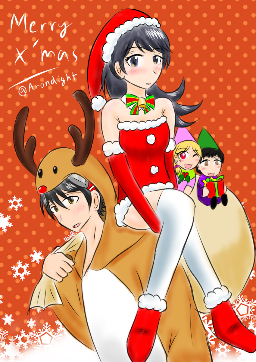 1boy 3girls blush christmas christmas_ornaments costume digimon digimon_survive horns kimishima_saki looking_at_viewer momotsuka_takuma multiple_girls shibuya_aoi shinonome_miu
