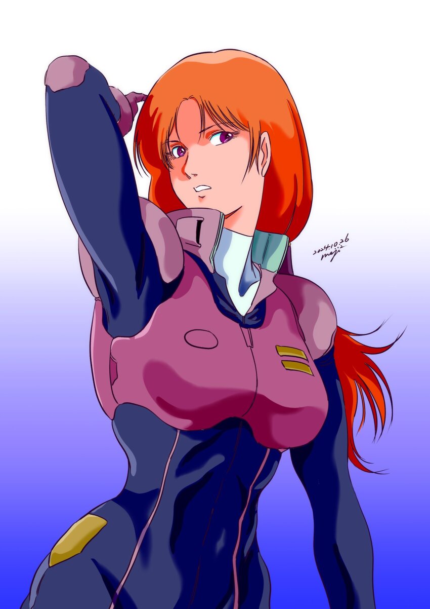 1girl bodysuit breasts closed_mouth gloves gundam gundam_unicorn highres long_hair looking_at_viewer marida_cruz mecha_pilot_suit military military_uniform official_alternate_hairstyle orange_hair pgmajimaji ponytail purple_eyes solo