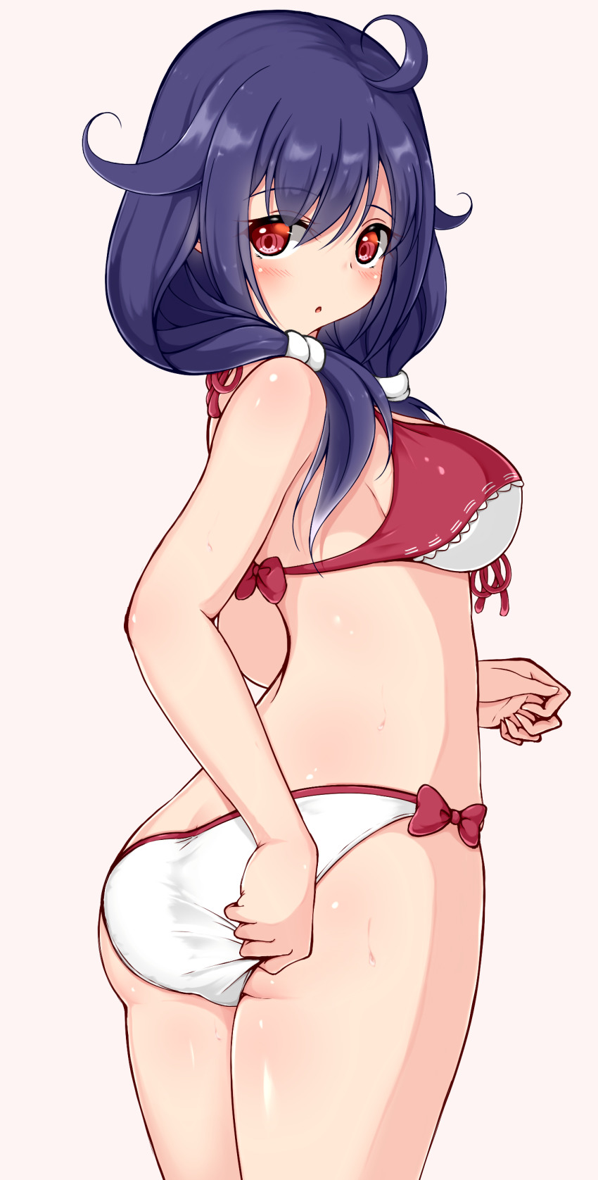 1girl absurdres ahoge ass beige_background bikini breasts commentary_request cowboy_shot hair_flaps highres kantai_collection large_breasts long_hair low_twintails multicolored_bikini nyako_(hitsuzineko3) purple_hair red_eyes ryuuhou_(kancolle) ryuuhou_kai_ni_(kancolle) side-tie_bikini_bottom simple_background solo standing swimsuit taigei_(kancolle) taigei_(swimsuit)_(kancolle) twintails two-tone_bikini