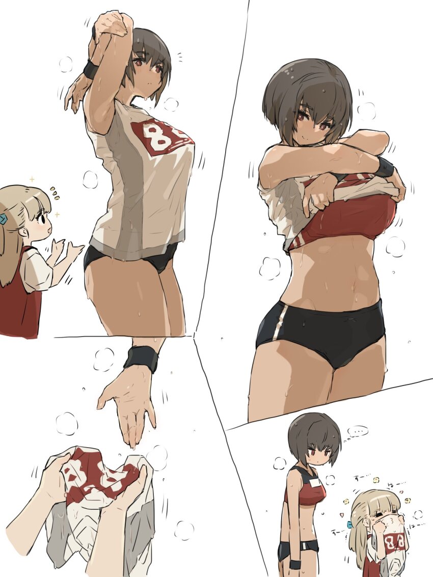 2girls age_difference buruma gym_uniform height_difference highres kei_(m_k) m_k multiple_girls onee-loli original rika_(m_k) smelling smelling_clothes sweat tall_female track_uniform undressing very_sweaty yuri