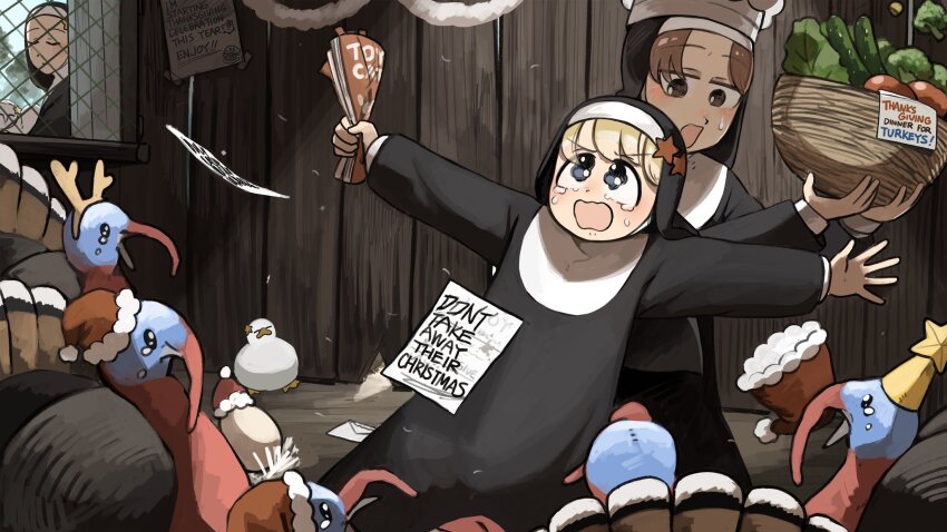 3girls basket bird blonde_hair blue_eyes broccoli brown_eyes brown_hair chef_hat chicken closed_eyes clumsy_nun_(diva) commentary crying crying_with_eyes_open cucumber diva_(hyxpk) duck egg english_commentary fake_antlers habit hat highres holding holding_basket hungry_nun_(diva) little_nuns_(diva) multiple_girls nun outstretched_arms owl red_hat red_star salad santa_hat slice_of_life star_(symbol) star_nun_(diva) star_ornament sweatdrop tears tomato traditional_nun turkey_(bird)