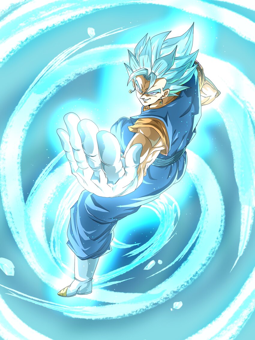 absurdres aura blue_eyes blue_hair blue_pants blue_sash blue_shirt boots dougi dragon_ball dragon_ball_super full_body gloves glowing highres kazumax76 muscular muscular_male orange_shirt pants sash shirt short_sleeves sleeveless sleeveless_shirt super_saiyan super_saiyan_blue vegetto white_boots white_gloves