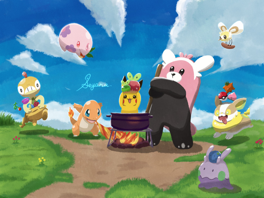 :3 :d alternate_color applin artist_name berry_(pokemon) bewear blue_sky breath_weapon breathing_fire charmander cloud coba_berry commentary_request cooking creature cutiefly day fangs fire flame-tipped_tail flower flying food gen_1_pokemon gen_5_pokemon gen_6_pokemon gen_7_pokemon gen_8_pokemon goomy grass happy highres holding holding_food holding_poke_ball holding_pokemon munna nintendo no_humans open_mouth outdoors pikachu poke_ball poke_ball_(basic) pokemon pokemon_(creature) pokemon_focus pot rock scraggy seyana_(seyanaillust) shiny_and_normal shiny_pokemon sky smile standing sweatdrop tail tamato_berry tongue tongue_out yamper