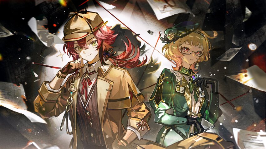 1boy 1girl absurdres black_gloves blonde_hair brown_coat coat earrings emilie_(genshin_impact) gem genshin_impact glasses gloves hand_in_pocket hand_up hat highres hoyofair id_card jewelry long_sleeves looking_at_viewer mento multicolored_hair open_clothes open_coat paper parted_lips pink_hair shikanoin_heizou short_hair