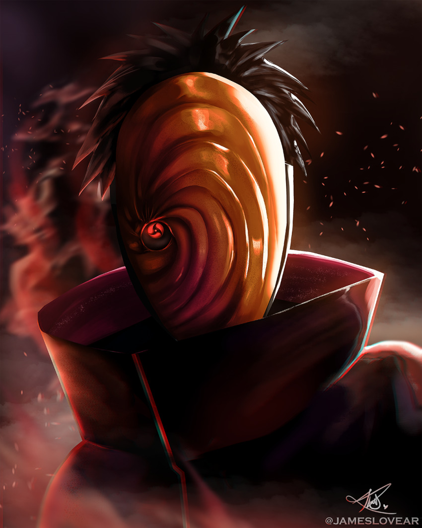 1boy akatsuki_uniform artist_name black_hair commentary english_commentary heart high_collar highres jamesloves_art male_focus mangekyou_sharingan mask masked_madara naruto_(series) naruto_shippuuden red_eyes sharingan short_hair signature solo tobi_(naruto) uchiha_obito