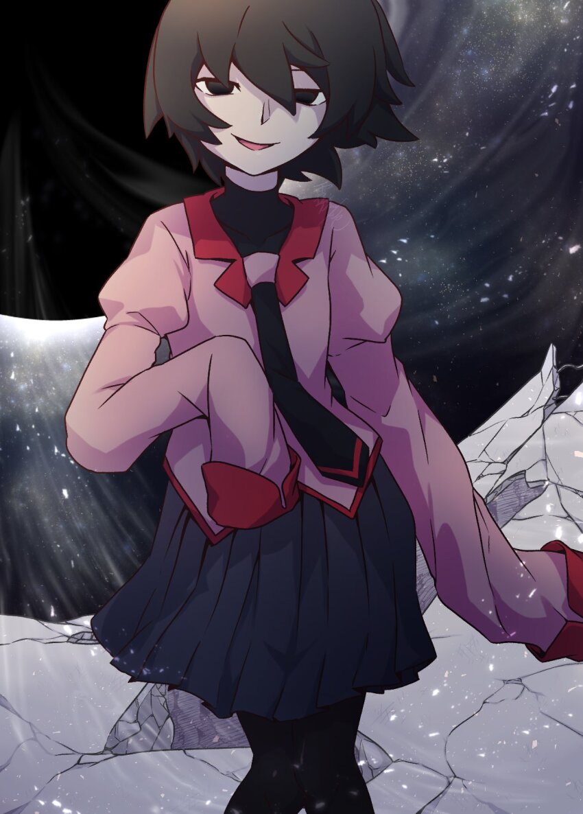 1girl arm_at_side black_background black_eyes black_hair black_hole black_necktie black_pantyhose black_skirt black_undershirt bob_cut breasts broken_ground commentary concrete cowboy_shot dark empty_eyes floating_clothes floating_hair hair_between_eyes hand_up highres juliet_sleeves kiriya_elu_l knees_together_feet_apart long_sleeves looking_at_viewer monogatari_(series) naoetsu_high_school_uniform narrowed_eyes necktie oshino_ougi pale_skin pantyhose parted_lips pink_shirt pleated_skirt puffy_sleeves red_trim school_uniform shirt short_hair skirt sleeves_past_fingers sleeves_past_wrists small_breasts smile solo standing the_darkness_(monogatari) turtleneck very_long_sleeves wind