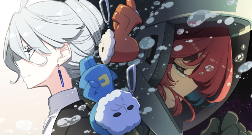 2girls black_jacket closed_eyes closed_mouth commentary_request cool_(gundam_suisei_no_majo) doll earrings eyelashes green_eyes grey_hair gundam gundam_suisei_no_majo hair_between_eyes hair_bun helmet hots_(gundam_suisei_no_majo) jacket jewelry looking_ahead mecha_pilot_suit miorine_rembran multiple_girls normal_suit_(gundam) own_hands_together profile red_hair sakuraba_yuuki single_hair_bun space_helmet suletta_mercury tassel tassel_earrings tears upper_body