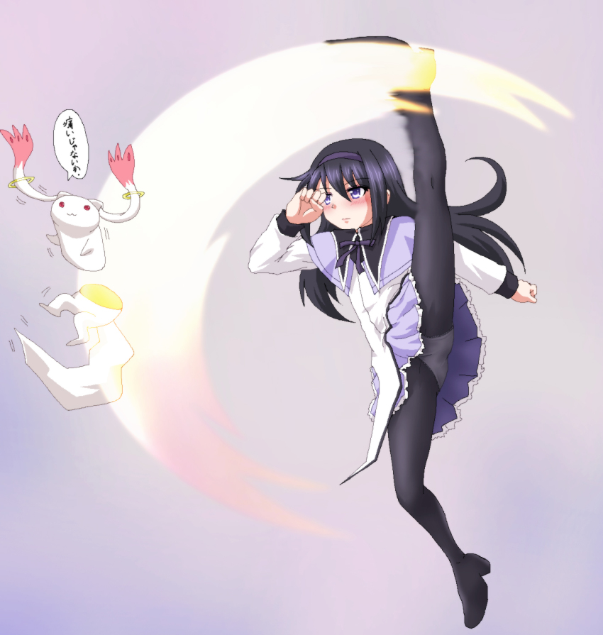 1girl akemi_homura akemi_homura_(magical_girl) ass black_hair genocide_cutter hayashiya_zankurou highres kicking kyubey mahou_shoujo_madoka_magica mahou_shoujo_madoka_magica_(anime) panties panties_under_pantyhose pantyhose pantyshot parody snk the_king_of_fighters underwear upskirt
