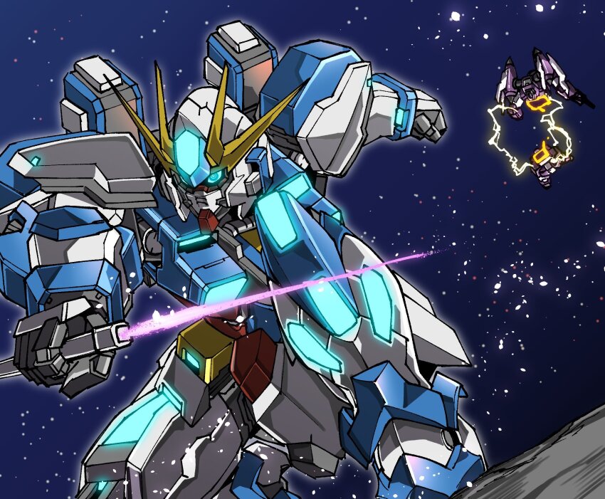 amakawa_mayu battle commentary destruction energy_sword english_commentary glowing glowing_eyes gundam highres holding holding_beam_saber holding_sword holding_weapon humanoid_robot joints mecha mecha_focus mechanical_arms mechanical_hands mechanical_legs mobile_suit night night_sky no_humans original record_gundam_(mobile_suit) robot robot_joints sky space star_(sky) sword v-fin weapon