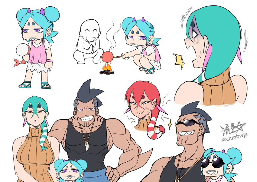 1boy 1other 2girls aged_down anger_vein aqua_hair arm_fins black_hair blank_eyes blue_hair braces child commentary double_bun dress drooling father_and_daughter fins fire grin hair_bun head_fins highres holding horns mohawk mole mole_under_mouth mother_and_daughter multiple_girls muscular muscular_male open_mouth original purple_eyes purple_horns red_hair ryuusei_(mark_ii) sharp_teeth shrimball_(ryuusei_(mark_ii)) signature sleeveless sleeveless_sweater sleeveless_turtleneck sleeveless_turtleneck_sweater smile squatting striped_hair stuffed_toy sunglasses surprised sweater teeth turtleneck twitter_username white_dress white_hair