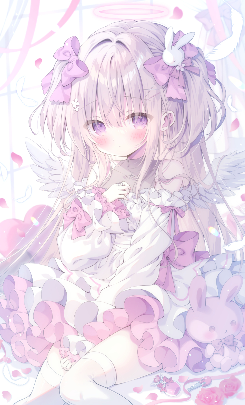 1girl angel angel_wings bare_shoulders blonde_hair blush bow commentary_request cross cross_earrings dress earrings eyes_visible_through_hair falling_feathers falling_petals feathered_wings feathers grey_hair hair_between_eyes hair_bow hair_intakes hair_ornament hairclip halo highres jewelry kamishiro_piyo light_particles long_hair long_sleeves off-shoulder_dress off_shoulder original petals pink_bow purple_eyes ring sidelocks sitting solo thighhighs two_side_up white_dress white_thighhighs white_wings wings x_hair_ornament